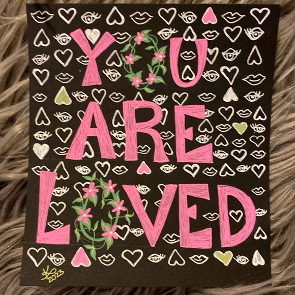 Unframed Original Art You Are Loved Word Art Drawing Illustration Hearts Lips - Picture 1 of 5